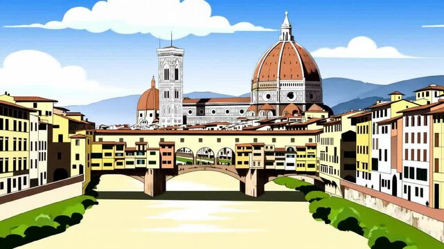 Florence Skyline with Ponte Santa Trinita - A picturesque watercolor-style illustration of the Florence skyline, featuring the Duomo, Ponte Santa Trinita, and the Palazzo Vecchio.