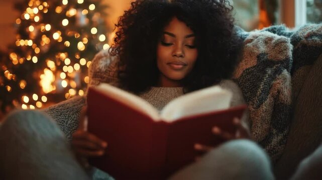 Woman reads a book at home, with cozy Christmas tree in background