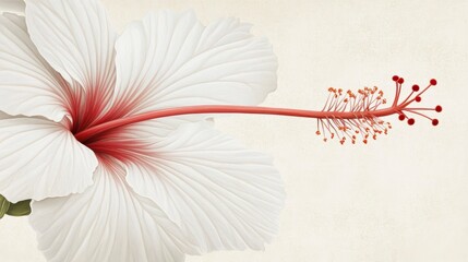 Close-up of a white hibiscus flower with red center and pistil, detailed petals and texture.