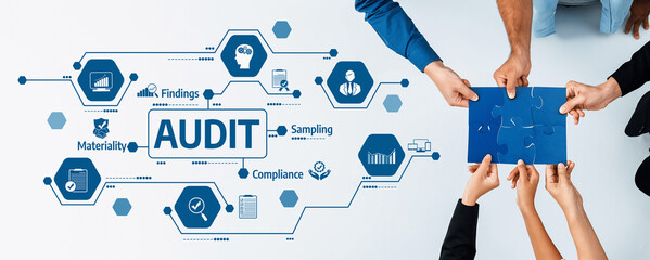 Hands collaborate over a blue document representing an audit process, featuring icons for...
