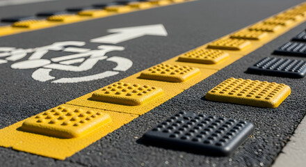 Close-up of a bike lane with tactile paving and directional arrow indicating direction ahead