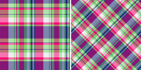 Vibrant plaid patterns showcase bright pink, lime green, and purple hues. Perfect for fashion, textiles, backgrounds, and creative projects needing a bold touch.