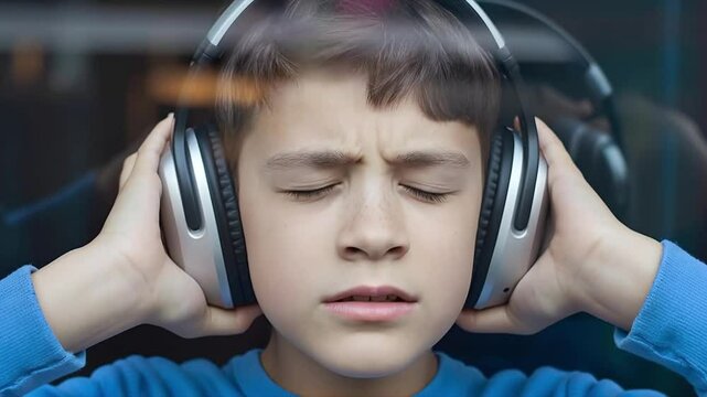 Autistic Child Boy with Headphones Covering Ears Video Footage Scene Depicting Sensory Overload and Distress