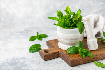Fresh mint with mortar and pestle on wooden background. Melissa leaves. Healing herbs green mint...