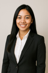Professional portrait of confident smiling young businesswoman in a black suit and white blouse standing against a plain background representing corporate success and career professionalism