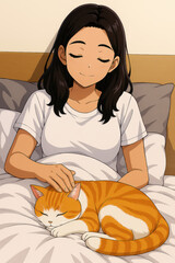 Anime style woman with long dark hair relaxing in bed while gently petting a curled up orange and white cat depicting comfort relaxation and cozy indoor moment

