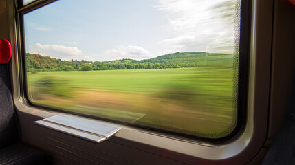 Looking out at the Swedish landscape from a train window. Beautiful landscape outside a window. Blue train seats and a small table inside a train in Scandinavia.