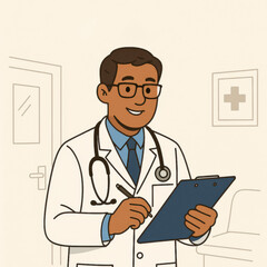 Friendly male cartoon doctor in a white coat holding a clipboard and pen smiling in a medical office setting representing healthcare professional and patient care illustration
