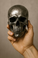 Close up of a silver human skull held in a male hand against a plain brown background symbolizing mortality gothic themes and anatomy studies