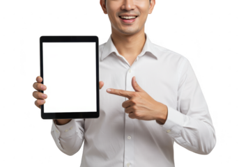 Smiling man pointing at tablet with blank screen on transparent background