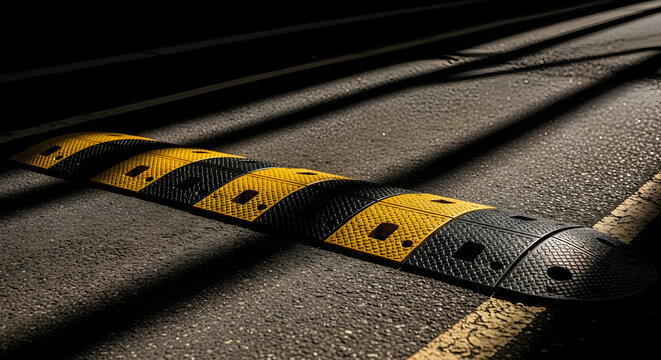 Close-up of a black and yellow speed bump on an asphalt road with shadow patterns demonstrating road safety