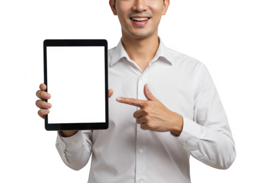 Smiling man pointing at tablet with blank screen on transparent background