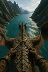 Fantasy point of view of a person riding a dragon over a river valley with steep cliffs and distant mountains capturing epic adventure flight and mythical journey themes