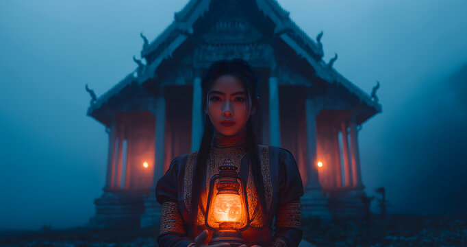 A spooky woman standing in front of an old temple