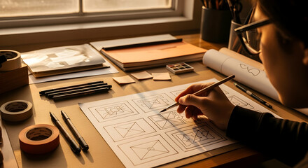 Creative Storyboarding Process Hand Drawing Wireframe Sketching At Designer Desk