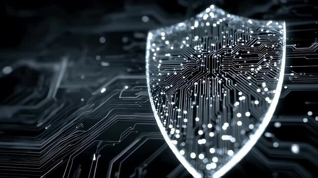 Sleek hightech shield illuminated by intricate electrical patterns embodying the essence of cybersecurity in a virtual environment. Perfect for illustrating digital protection themes.