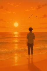 Lonely anime boy standing at sunset beach in deep emotional reflection with warm orange sky and distant birds flying