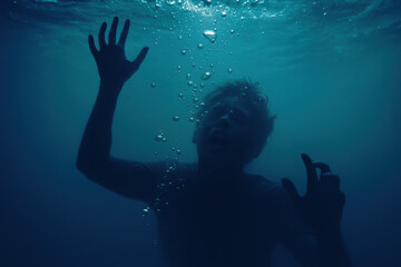 Terrified man drowning underwater reaching toward surface in state of panic and desperation with bubbles rising in dark blue sea