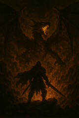warrior confronting fiery dragon in symbolic battle representing inner strength courage and overcoming fear in a dark epic setting