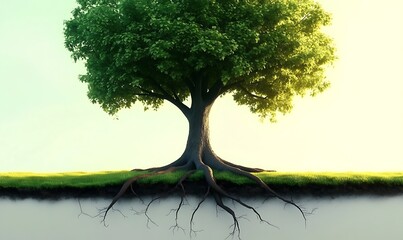 Tree roots and green leaves  stretching from the base of the trunk into the distance, simple, tree
