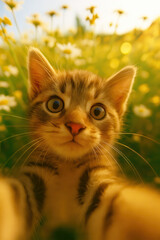 Cute tabby kitten taking selfie in blooming spring meadow with daisies during golden hour
