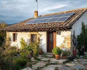 House in a village in Spain with solar panels on the roof.