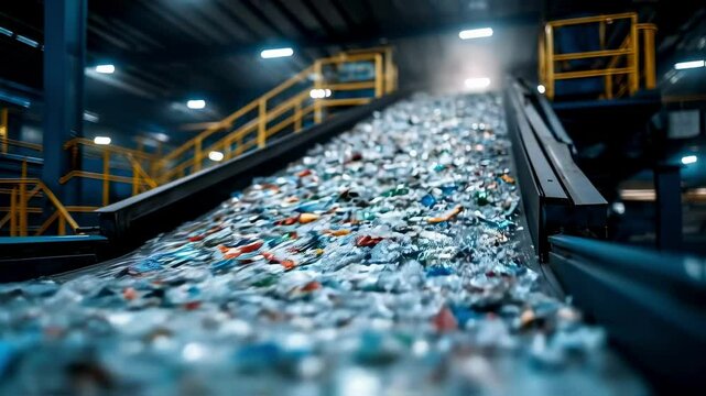 Modern automated production line sorting glass waste at recycling plant promoting environmental sustainability and circular economy principles