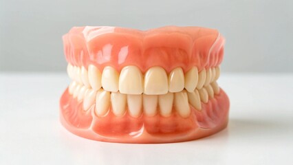 Obraz premium A realistic 3D render or model of upper and lower jaw prosthetics, featuring perfectly formed, bright white teeth. This visual is excellent for dental clinics, product promotions
