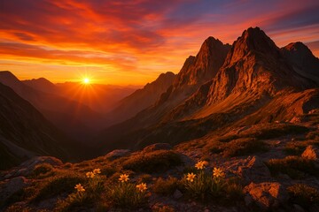 Fototapeta premium Sunrise paints a fiery sky over a mountain valley, with alpine flowers dotting the foreground in this breathtaking landscape view.