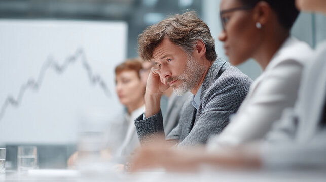 Pensive executive at a meeting. Diverse business team, downturn graph, concern, modern office. Great for finance, strategy, or business failure concepts.