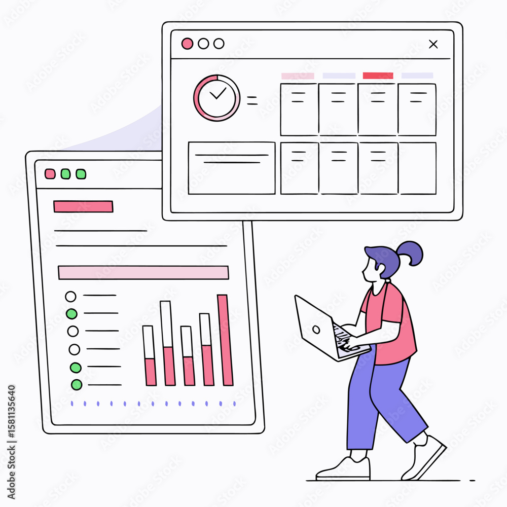 Poster woman with laptop analyzing data displayed on screen with charts and project management interface sh
