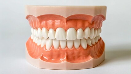 Obraz premium A perfectly aligned, healthy set of full dental arches, showcasing brilliant white teeth and natural-looking pink gums on a clean white background