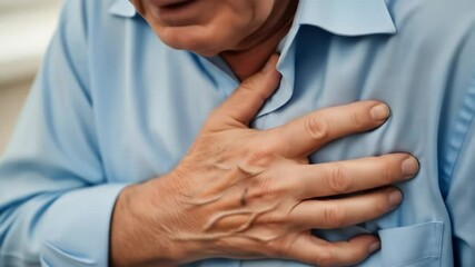 An elderly man holding his chest with a painful expression, showing signs of chest pain and shortness of breath. Suitable for health awareness videos or medical advertisements.