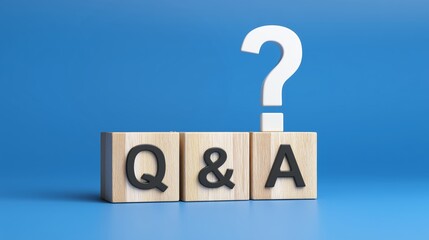 Q and A questions and answers symbol and question mark icon on wooden cubes isolated on a blue background, 