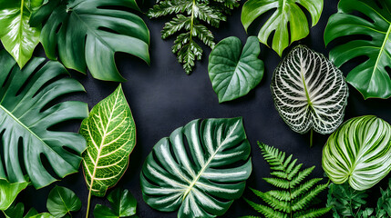 Various tropical plant leaves arranged on a dark background.