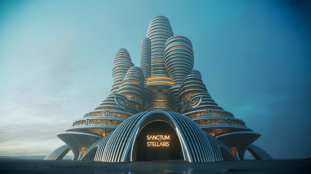 Futuristic alien architecture with glowing text on a desolate alien planet