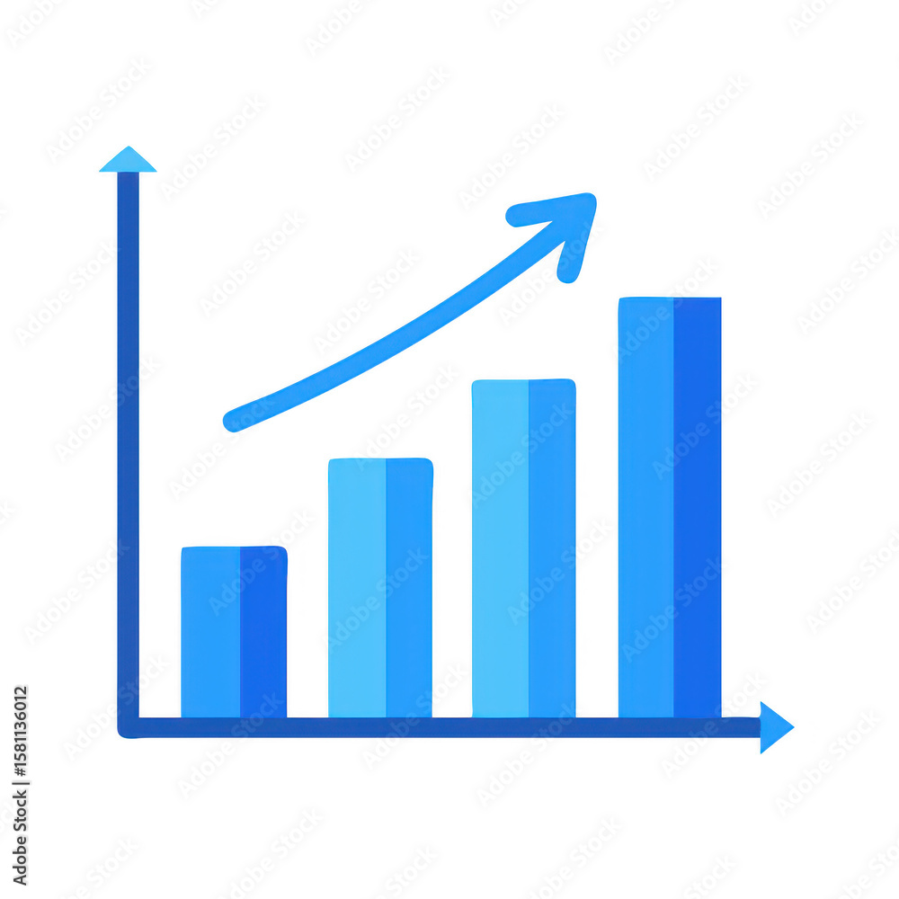 Poster blue bar graph with upward arrow on transparent background