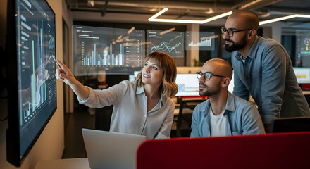Business team analyzing financial data on screen for strategic growth planning