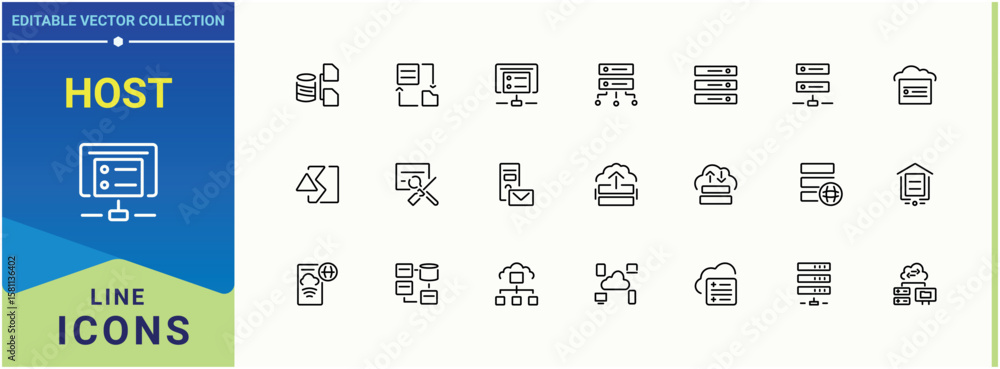 Poster host icon. includes symbols for network, database, hosting, storage, cloud, compute, data and more. 