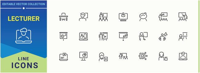 Lecturer icon set. Contains such icons as training, education, teaching, classroom, lecture, teach and more. Teacher line icon set. Collection of simple line web icons. Vector illustration.