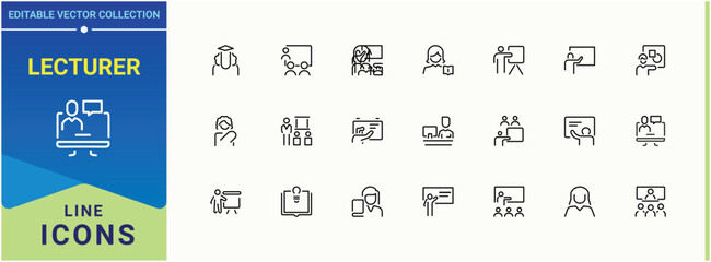 Lecturer icon set. Contains such icons as training, education, teaching, classroom, lecture, teach and more. Teacher line icon set. Collection of simple line web icons. Vector illustration.