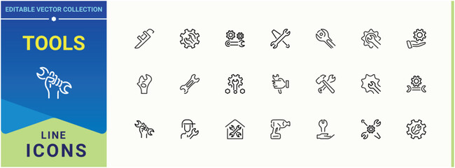 Tools icon set. Pack of equipment, setting, construction, work and more. Wrench icon collection. Perfect for logos and infographic. Editable stroke. Vector illustration.
