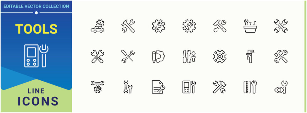 Tools icon set. Pack of equipment, setting, construction, work and more. Wrench icon collection. Perfect for logos and infographic. Editable stroke. Vector illustration.