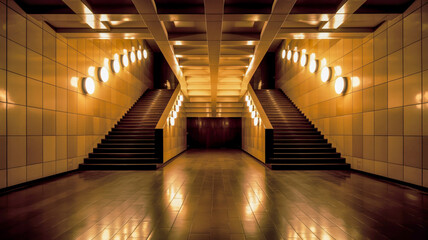 Symmetrical modern staircase with warm lighting and reflective floor