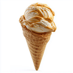 Delicious caramel ice cream dripping over waffle cone on white background