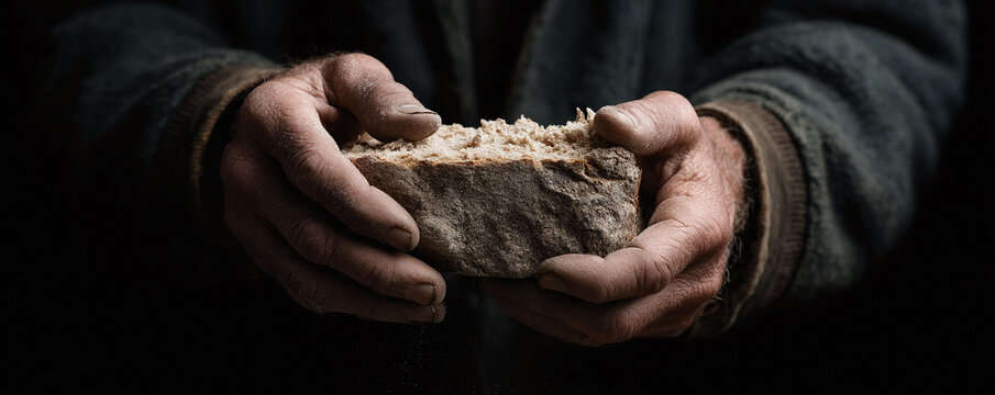 Weathered hands cradle a piece of bread, embodying survival, humility, and sustenance. Powerful visual for campaigns on poverty, charity, faith, or resilience.