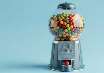 A vintage gumball machine filled with colorful candies sits isolated on white background
