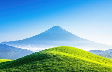 Lush green hills meet a majestic, misty mountain under a vibrant blue sky