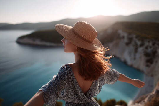 Woman in straw hat overlooks the turquoise sea. Freedom and wanderlust concept. Perfect for travel, vacation, and aspirational lifestyle imagery.