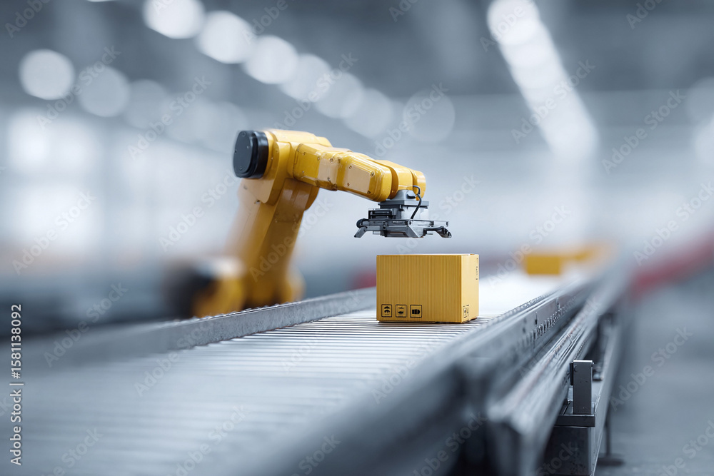 Poster automated future. robotic arm picks package from conveyor belt in modern factory setting. illustrate